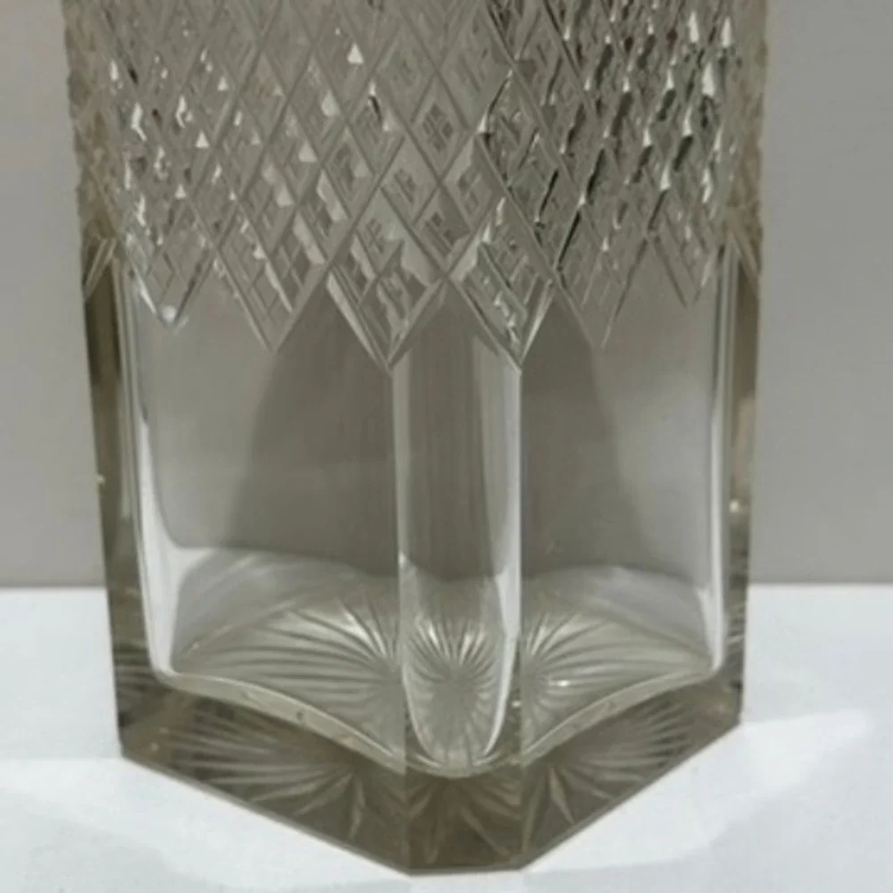 Vintage Cut Crystal Liquor Decanter Square Whiskey Bottle Faceted Stopper 8.5